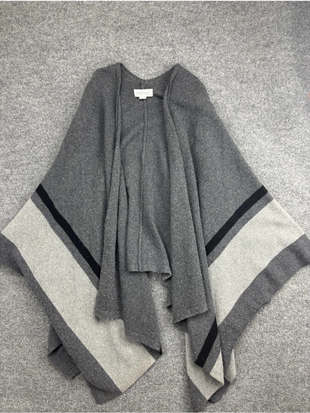 Velvet by Graham and Spencer Grey Open-Front Poncho Sweater with Stripe Detail